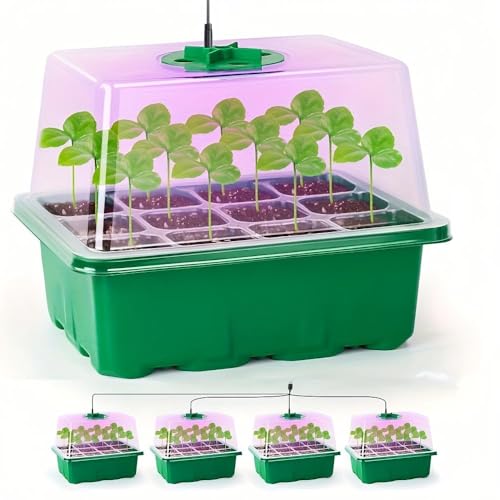 4 Packs Seed Starter Tray with Plant Light, Elevated Seedling Starter Trays Kits with Adjustable Humidity Domes and Clear Cell Tray, 12 Full Spectrum led lamp Beads for Plants Indoor-Green