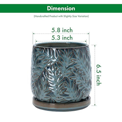 D'vine Dev Embossed Leaves Ceramic Planter, 6 in, Ocean Teal, 27-A-X-8 - color: Ocean Teal, size: 6 Inch