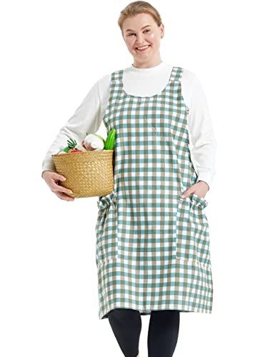 Big Plus Size Aprons for Women with Pockets Cotton Linen Baking Kitchen Cooking - color: Green Grid