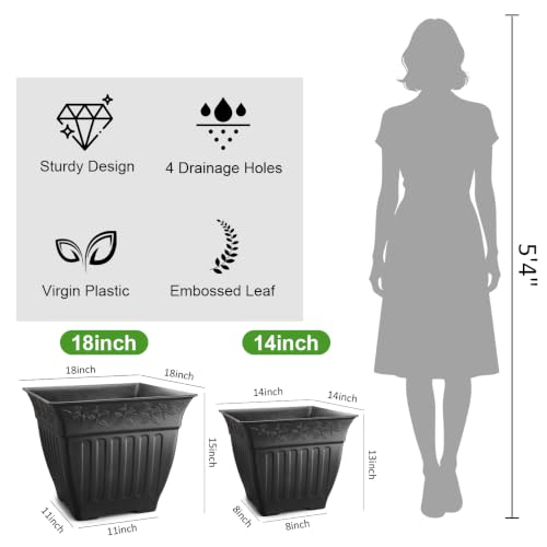 4-Pack 18 Inch Large Outdoor Planters, Embossed Leaf Pattern, Black - color: Black, size: 4P-18 INCH