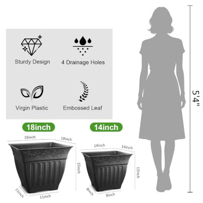 4-Pack 18 Inch Large Outdoor Planters, Embossed Leaf Pattern, Black - color: Black, size: 4P-18 INCH
