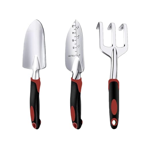 Garden Tool Set, 3 Piece Gardening Tools Includes Garden Trowel, Transplant Trowel and Hand Rake with Non-Slip Ergonomic Handle, Heavy Duty Garden Kit for Planting, Garden Gifts, Red - color: Red