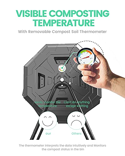43 Gallon Dual Chamber Tumbling Composter with Integrated Thermometer - Rotatable Outdoor Compost Bin, Dual Batch Design for Garden Waste, Black - color: Black