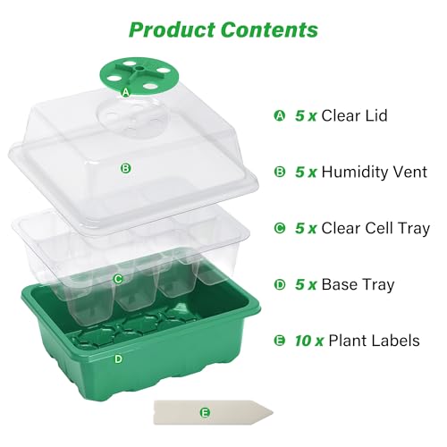 Bonviee 5-Pack Seed Starter Trays, Humidity Dome, Base, 12-Cell Tray, Green - color: Green, size: 5 Packs
