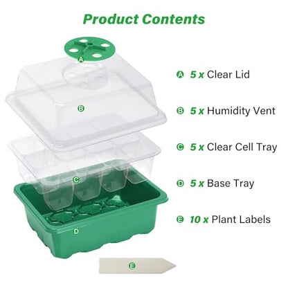 Bonviee 5-Pack Seed Starter Trays, Humidity Dome, Base, 12-Cell Tray, Green - color: Green, size: 5 Packs
