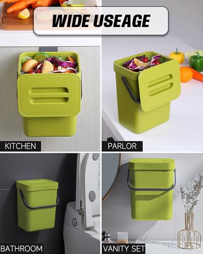 1.3 Gal Hanging Small Trash Can with Lid, Countertop Compost Bin, 5L, Green - color: GREEN, size: 5 L / 1.3 Gal - Lid