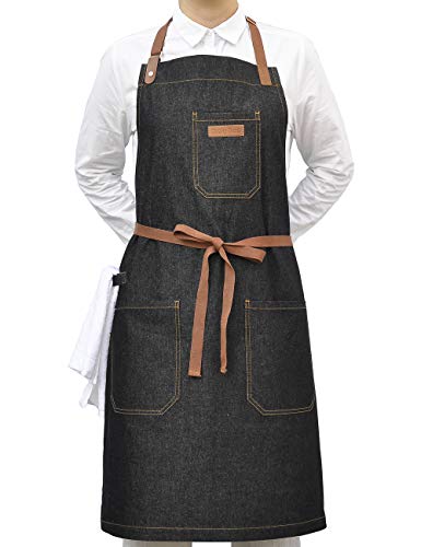 Chef Apron with Pockets & Towel Loop,Mens Womens,Black Denim - color: Black Denim