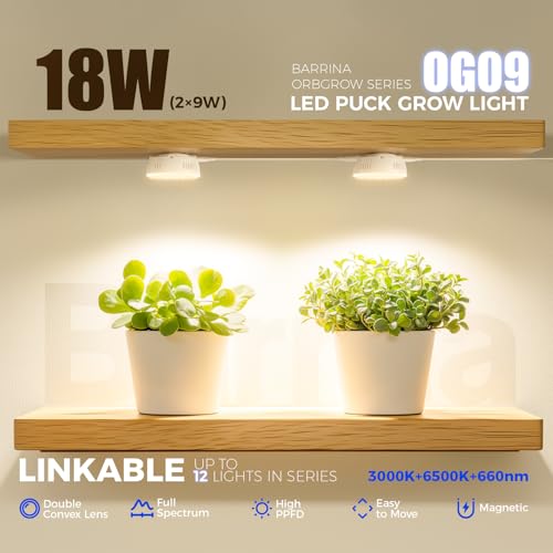 Barrina OG09 Puck Grow Light, 18W(2 x 9W), 660nm Red LEDs, Timer, 2 Packs - color: GrowForce Spectrum-White Cover, size: 2 Packs with Timer