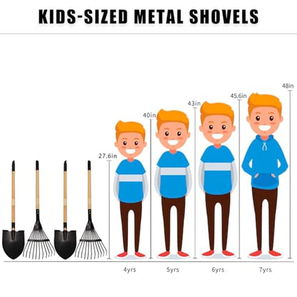 Kids Rake and Shovel Set, 4Pcs Garden Tools Metal Head with Wooden Handle, Great Gardening Gifts for Boys Girls Age 3 and Up - color: 2pcs black rakes& 2pcs shovels