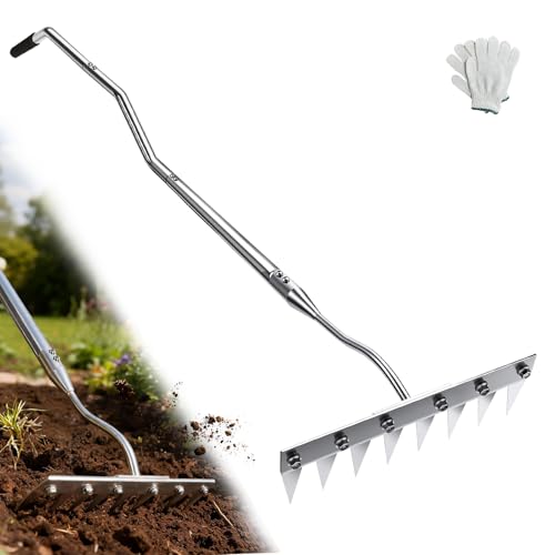 Weeding Rake w 45’’ Ergonomic Curved Handle, 2026 Upgraded 8 Teeth Stainless Steel Weed Puller Tool w Weeding Blade, Cultivator Rake Gardening Tools for Yard, Flower Beds & Loosening Soil