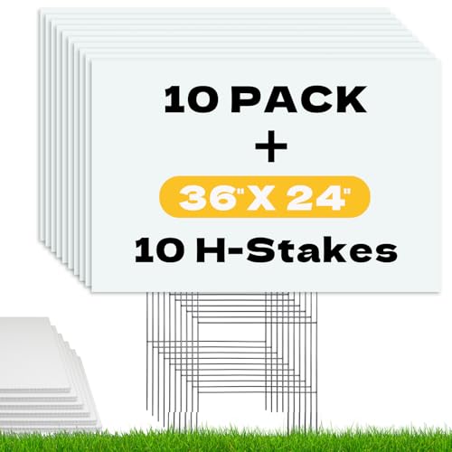 10 Pack Large Blank Yard Signs with Stakes 24x36 Inch, 4mm Thick Corrugated Plastic Lawn Sign Kit, White Poster Board with 10 Metal H-Stakes for Real Estate, Garage Sale, Birthday, Campaign - color: White - 24"x36" - 10 Pack
