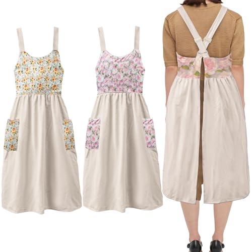 Cotton Linen Apron Cross Back Apron for Women with Pockets Pinafore Dress - color: 2 Pack-flora Beige