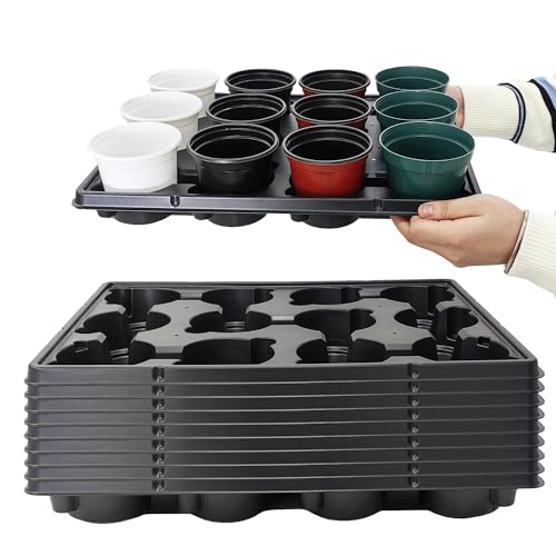 RooTrimmer 12 Cell Round Nursery Pots Trays Thickened Durable Seedling Pots Shuttle Carrying Trays for Holding 4 inch Nursery Pots (16.85" × 12.6", 10-Pack) - color: Black, size: 12 Cell Trays for 4 Inch Pots-10 Pack