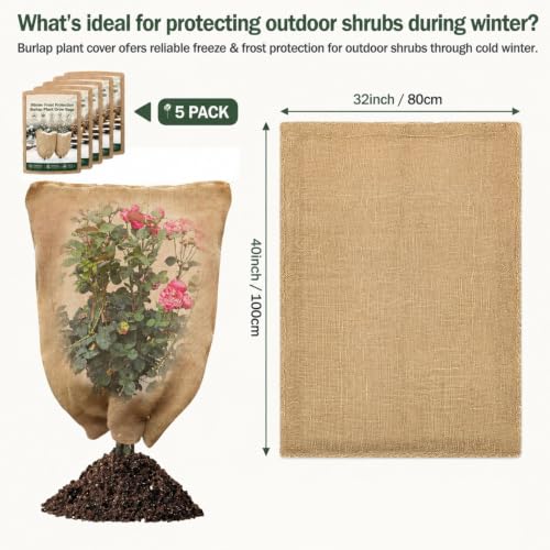 5-Pack Burlap Fabric Plant Bags - 32 X 40 Inch Winter Plant Cover Freeze Protection, Reusable Burlap Sacks Plant Frost Cloth for Outdoor Plants, Cold Weather Tree Wrap for Trees, Bushes & Garden - size: 32*40inch-5Pack