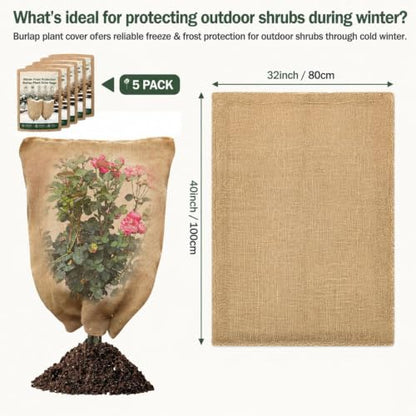5-Pack Burlap Fabric Plant Bags - 32 X 40 Inch Winter Plant Cover Freeze Protection, Reusable Burlap Sacks Plant Frost Cloth for Outdoor Plants, Cold Weather Tree Wrap for Trees, Bushes & Garden - size: 32*40inch-5Pack