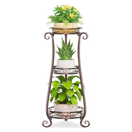 KMOTASUO 3 Tier Metal Plant Stand Tall for Indoor Outdoor Corner, Bronze - color: Bronze, size: 3 Tier