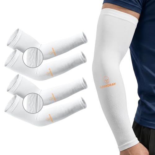 ARMORAY Arm Sleeves for Men or Women Anti Slip Basketball Golf Running Football Cycling - color: White (2 Pair)