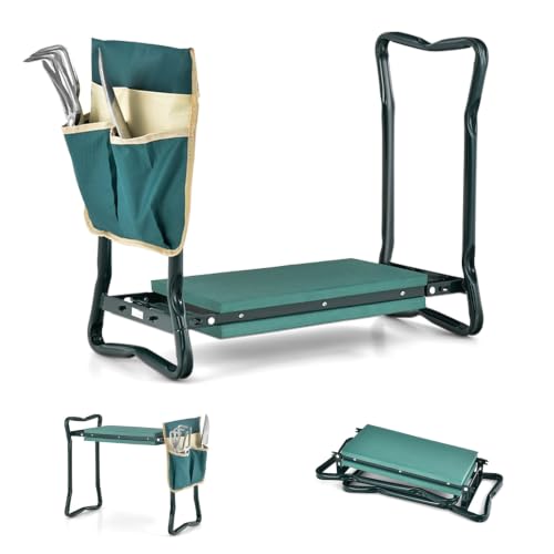 HAPPYGRILL Garden Kneeler Bench Seat, Folding Gardening Stool Portable Garden Bench with Large Removable Tool Pouch, Wider & Thicker EVA Foam Pad, Heavy-Duty Metal Frame Stool
