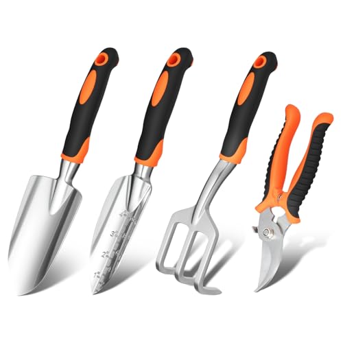 Garden Tool Set, 4Pcs Aluminum Heavy Duty Gardening Tool Set, Include Shovel, Transplant Trowel, Hand Cultivator and Shear with Rubberiz NonSlip Ergonomic Handle, Gardening Kit for Women Men