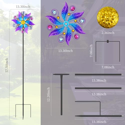Violet Metal Wind Spinner Outdoor, Kinetic Yard Art with Stake