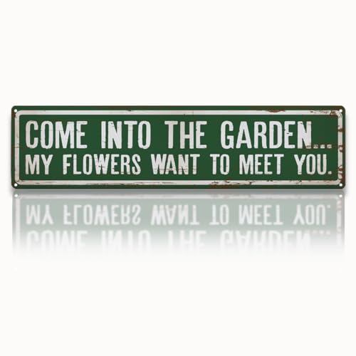 Rustic Metal Tin Sign, Funny Garden Quote Decor, Come into The Garden... Sign, Rustic Farmhouse Wall Art, for Yard Fence Door Porch, Indoor Outdoor Gardening Decoration, 15.7 x 3.9 Inches - color: Garden 08