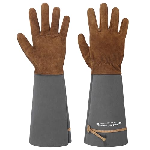 HANDLANDY HLDD Long Gardening Gloves for Women Men - Leather Rose Pruning Gloves Thorn Proof - Breathable Working Glove - color: Brown-grey, size: Large