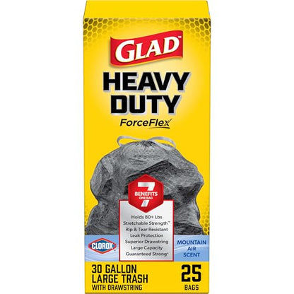 Glad Large 30 Gallon Trash Bags, Clorox Mountain Air Heavy Duty Garbage Bags, Forceflex with Drawstring, 25 Count (Packaging May Vary) - size: 25 Count (Pack of 1)