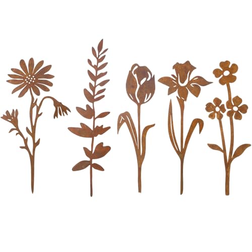 5 Pcs Rusty Metal Flowers and Plants, Rusty Rustic Metal Flowers Signs for Outside Yard Art Gift for Yard Decorative Garden Stakes Potted Plants Walkway and Garden