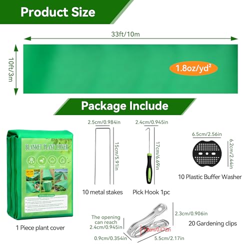 Plant Covers Freeze Protection kit，1.8 oz/yd²-10 ft x 33 ft Thickened Floating Row Cover for Outdoor Plants With 20 clips and 10 stakes staples& gasket & 1 Pick Hook, Winter Frost Protection(Green) - color: Green