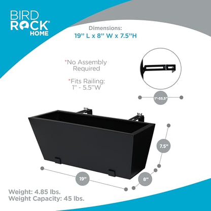 BIRDROCK HOME 2pk Metal Railing Planter Box | Flower Boxes for Deck Railings | Adjustable Rail Hanging Bracket | Black Balcony Boxes | House Apartment Plant Pot