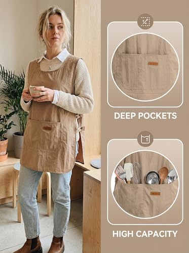 Molaxhome Smock Apron Unisex Waterproof Cobbler Apron with 3 Large Pockets - color: Khaki