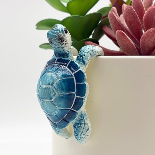 Cute Climbing Blue Sea Turtle Flower Pot Hugger Figurines, Small Resin Hanging Tortoise Statue Planter Pot Decoration for Home Garden Fence Balcony Patio Lawn Yard Ornaments - color: Blue Sea Turtle