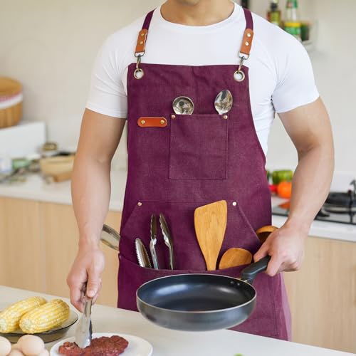 Aoomzoon Canvas Aprons for Men Women, Heavy Duty BBQ Apron with Pockets - color: Red