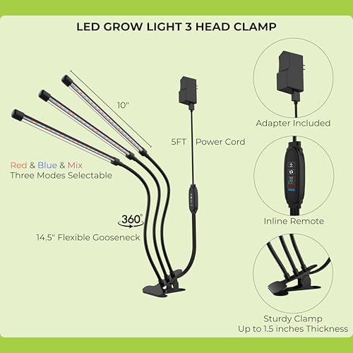 LED Grow Light Clip on Table 3 Light Tubes Growing Lamp with Red, Blue LEDs for Indoor Plants, Selectable Spectrum, 10 Brightness Level Dimmable Auto Timer 3/9/12 Hrs, USB Plug