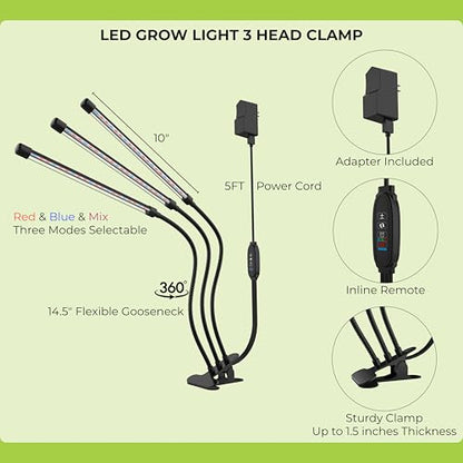 LED Grow Light Clip on Table 3 Light Tubes Growing Lamp with Red, Blue LEDs for Indoor Plants, Selectable Spectrum, 10 Brightness Level Dimmable Auto Timer 3/9/12 Hrs, USB Plug