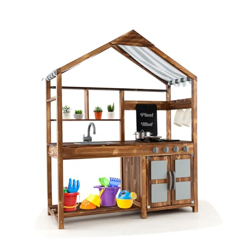 DORTALA Mud Kitchen, Fir Wood Outdoor Play Kitchen with Removable Sink, Canopy, Chalkboard, Stoves, Storage Cabinet, Backyard Kids Kitchen Playset for for Toddler Boys & Girls Age 3+ - style: Playhouse Style