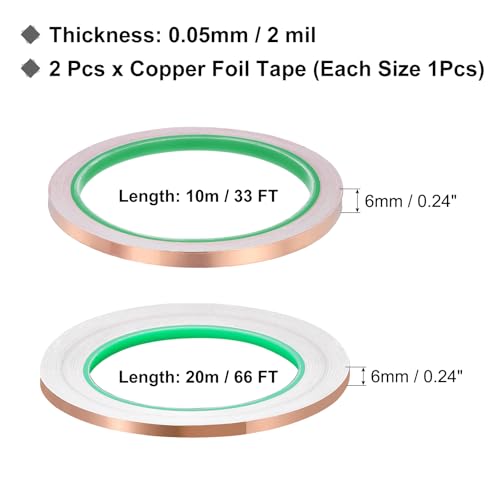 PATIKIL Copper Foil Tape (0.24" x 33/66FT) (1Set) Double Conductive Tape - size: 0.24 Inch x 33/66FT