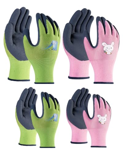 2/4 Pairs Kids Gardening Gloves, Non-Slip Grip Breathable Garden Gloves for Boys Girls - color: 2pink+2green, size: XXS (Age 5-7)