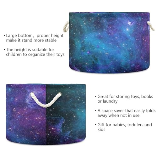 Blue Galaxy Print Round Storage Basket Collapsible with Handle - color: Blue