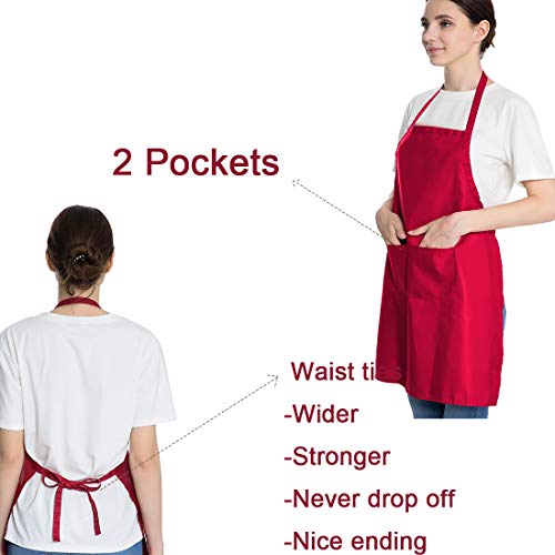 Total 6PCS Red Aprons Bulk for Women Unisex Plain Colour Bib Aprons with 2 Front Pockets Washable Apron for Painting Cooking Baking Kitchen Restaurant Crafting - color: Red