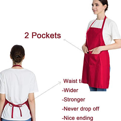 Total 6PCS Red Aprons Bulk for Women Unisex Plain Colour Bib Aprons with 2 Front Pockets Washable Apron for Painting Cooking Baking Kitchen Restaurant Crafting - color: Red