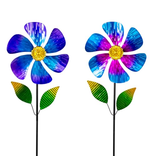 Viveta 2 Pack Garden Wind Spinners, Flower Metal Windmill - color: Blue and Pink
