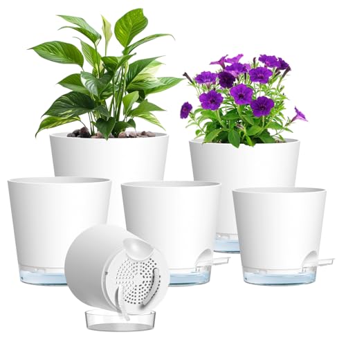 Meowell Self Watering Pots Pack of 6 – Different Size 4" to 7" Indoor Plant Pots with Drainage Holes and Clear Reservoir for Visible Water Level, Plastic Wicking Planters for House Plants, White - color: White, size: 7+6.5+6+5.5+5+4 in 6pcs