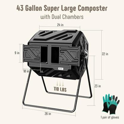 Werph 43 Gal Dual Chamber Compost Bin Tumbler for Backyard Garden, Black - color: Black
