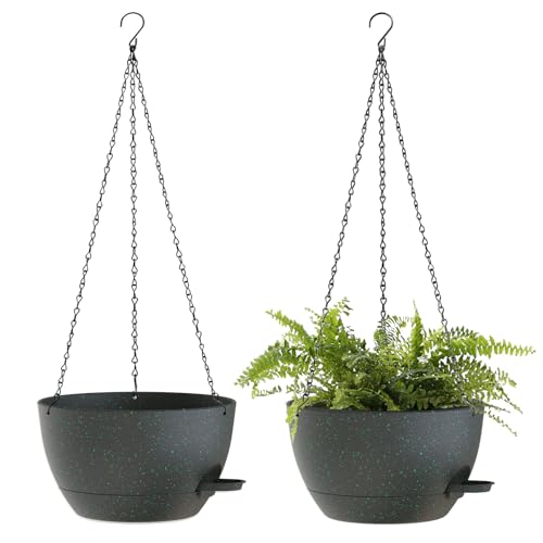 10 Inch Hanging Baskets 2 PC with Chains, Self-Watering Hanging Planters for Indoor Outdoor Plants, Plastic Hanging Flower Pots,Black with Green Speckles - color: Black With Green Speckles, size: 10 inch