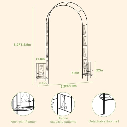 8FT Garden Arch Trellis with Planter Boxes Rustproof Black - size: 8*6 FT