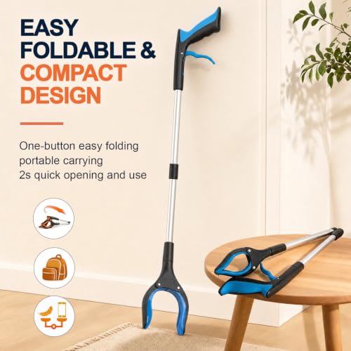 2 Pack 32" Grabber Reacher Tool, LEGENDONE Foldable Reacher Grabbers Pickup Tool for Senior, Heavy Duty Upper Gripper, 4" Wide Claw Trash Picker, Strong Grip| Powerful Magnet| 360° Rotating Head - color: 32"blue&orange - 2pack