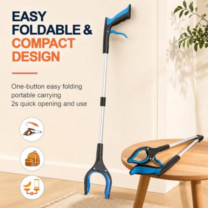 2 Pack 32" Grabber Reacher Tool, LEGENDONE Foldable Reacher Grabbers Pickup Tool for Senior, Heavy Duty Upper Gripper, 4" Wide Claw Trash Picker, Strong Grip| Powerful Magnet| 360° Rotating Head - color: 32"blue&orange - 2pack