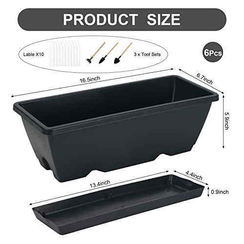 6 Pcs Window Box Planter, 17" Rectangular Planter Box with Saucers, Black - size: 6 Pack / 17inch Dark Gray