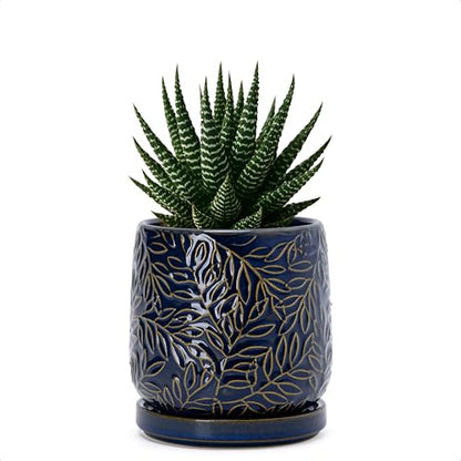D'vine Dev Embossed Leaves Ceramic Planter, 4 in, Midnight Blue, 27-A-Z-3 - color: Midnight Blue, size: 4 Inch